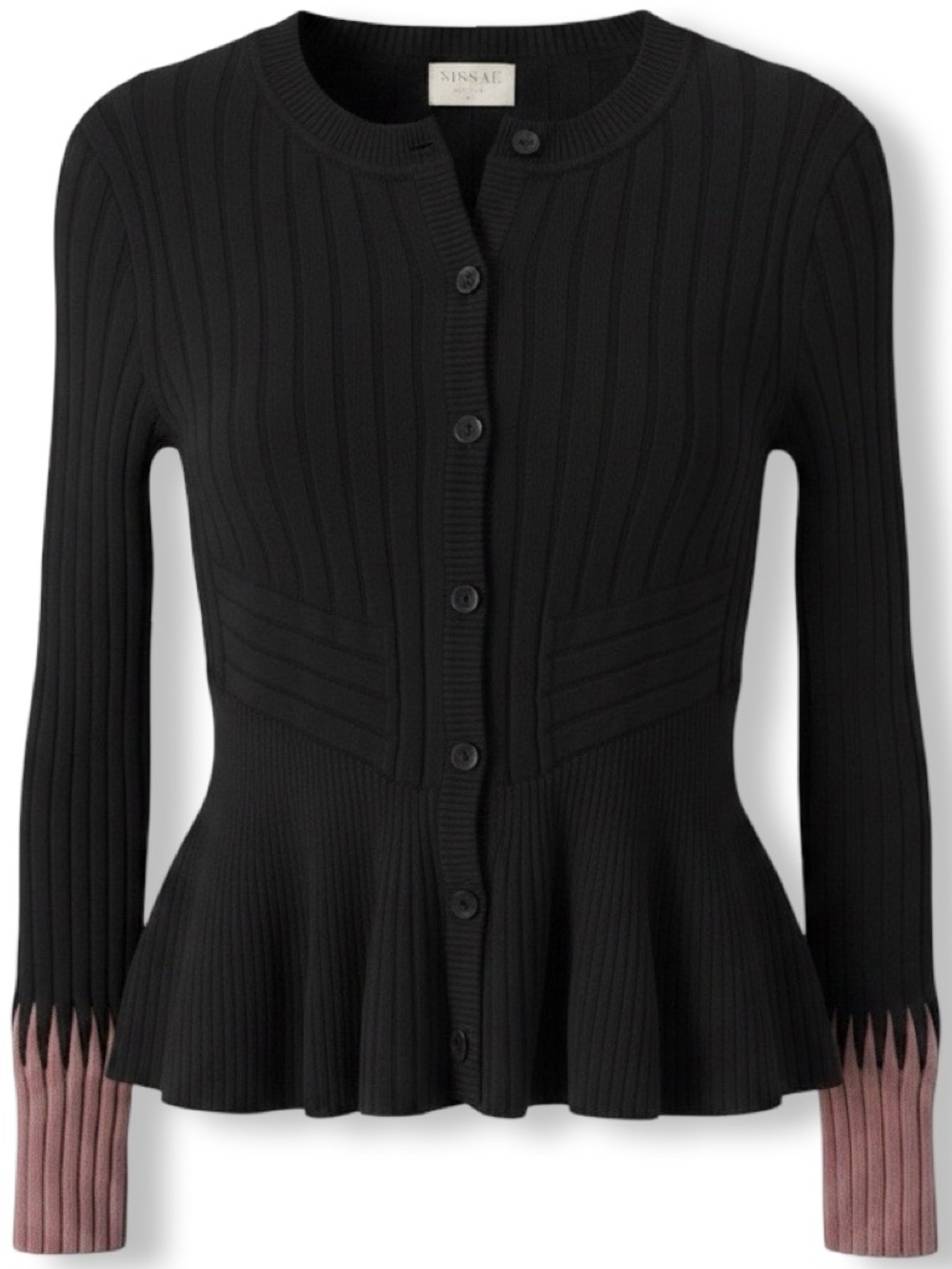 SISSAE CHIC Black Ribbed Cardigan w/ Pink Cuff Detail Peplum Sz XS